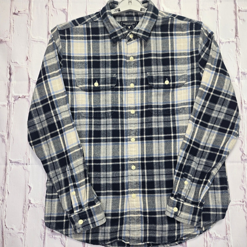 American Eagle Flannel Shirt Blue Plaid Button Down Casual Mens Large